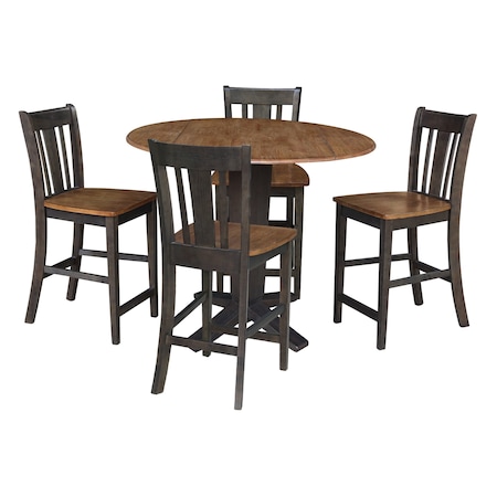 International Concepts 42 in. Solid Wood Dual Drop Leaf Dining Table with 4 Counter Height Stools in Hickory/Washed Coal K45-42DPT-23B-S102-4